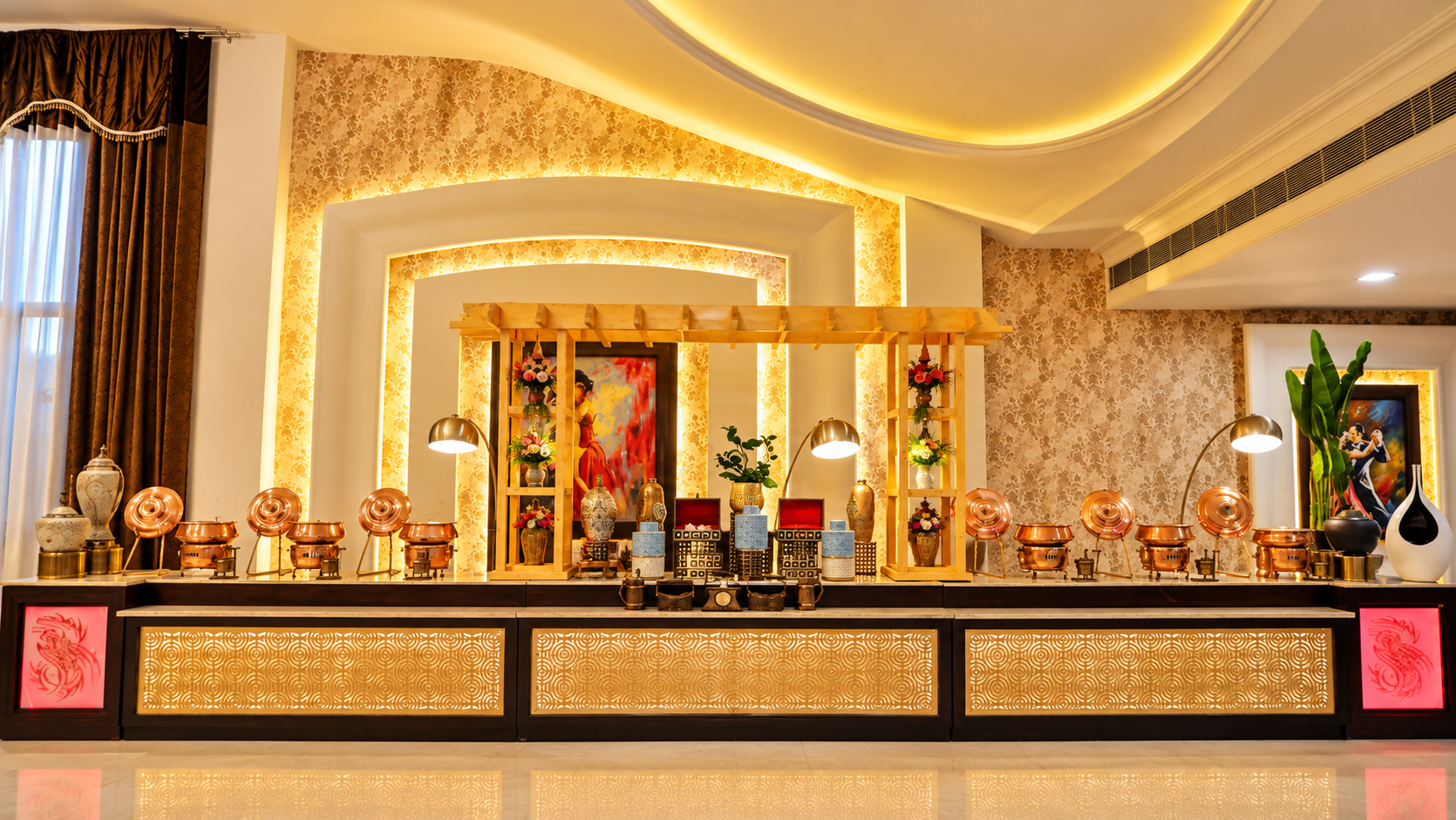 Opulent golden banquet buffet display
